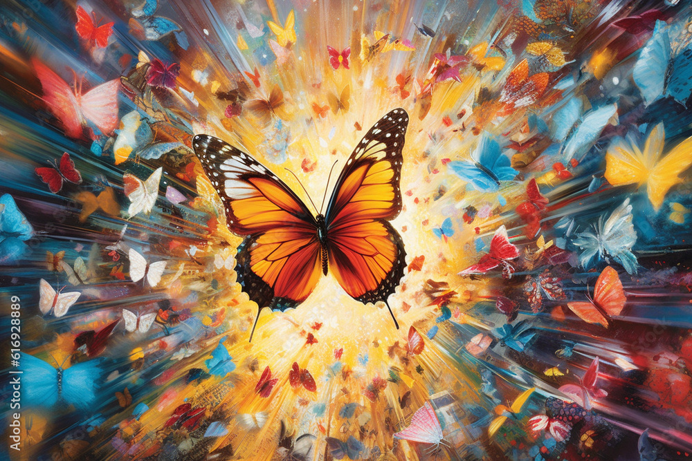 Aufkleber a mixed-media artwork combining uplifting symbols, such as butterflies or birds, with vibrant colors
