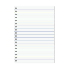 Paper lined notebook memo page white sheet template illustration for school education and office for background
