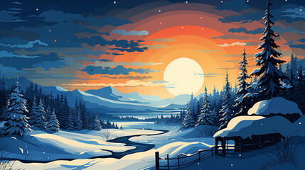 winter landscape in the mountains.Christmas illustration.Retro style.Winter Christmas silhouette background.Winter with mountain scene silhouette background made with Generative AI.