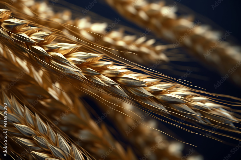 Aufkleber A macro photograph of wheat ears against a dark background, focusing on the intricate details and textures of the grain.  Generative AI technology.