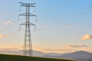 Power lines. Energy industry. Industrial electricity distribution. Renewable production