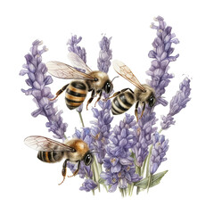 Watercolor illustration of lavender bush with bees
