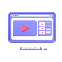 3d illustration computer play video on computer object. 3D rendering.
