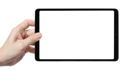 Hand holding black tablet, cut out