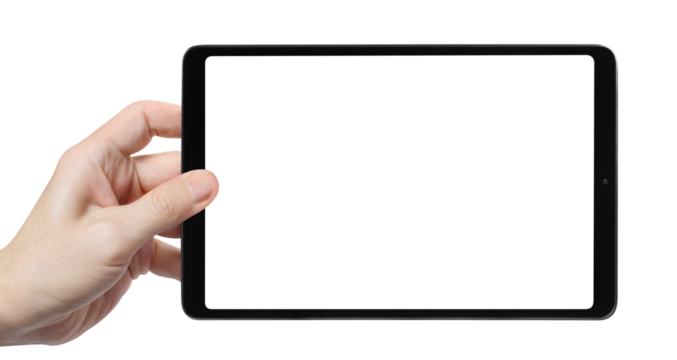 Hand holding black tablet, cut out