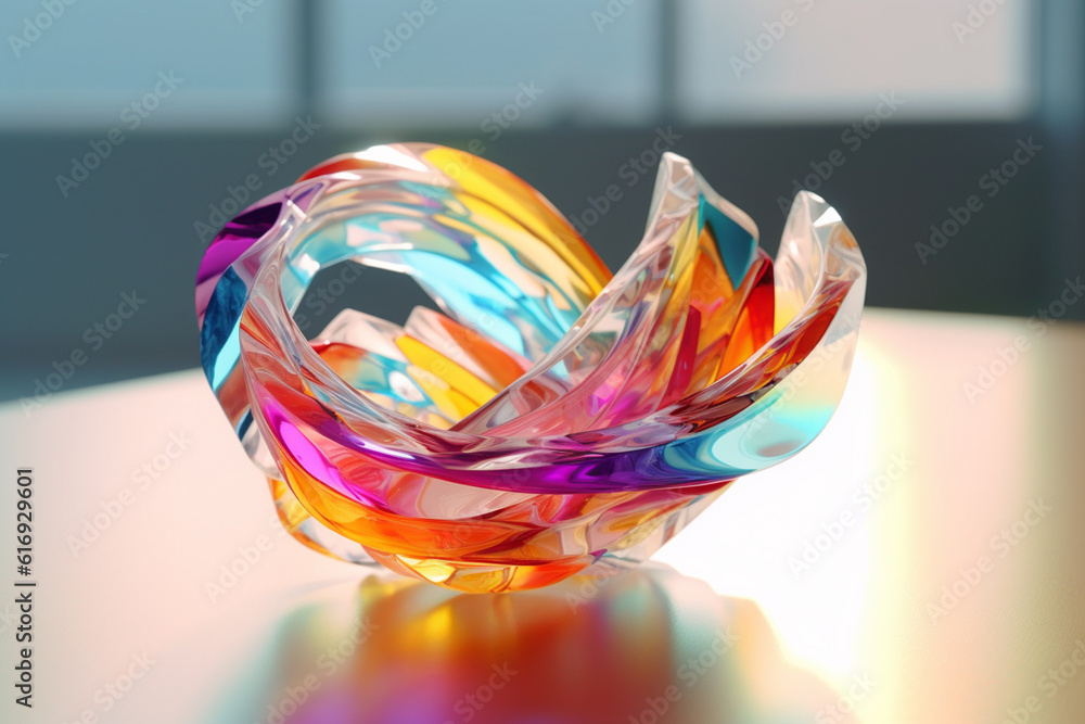 Poster  An abstract sculpture made of transparent materials, capturing the essence of lightness and transparency associated with clear energy.  Generative AI technology.