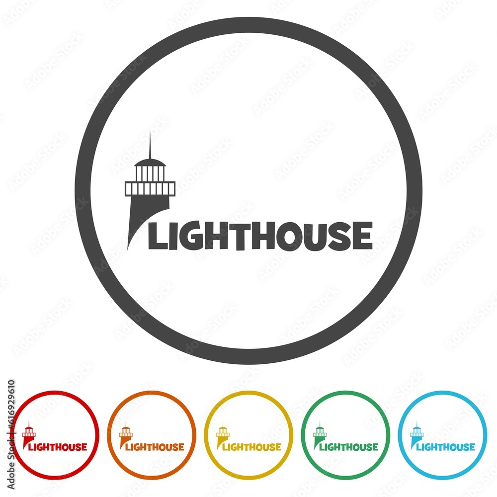 Poster lighthouse word logo. set icons in color circle buttons