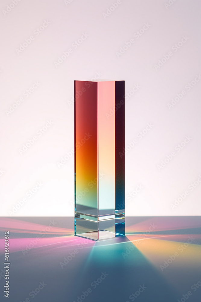 Poster A minimalist photograph of sunlight passing through a glass prism, creating a spectrum of colors and representing the transformation and dispersion of clear energy. Generative AI technology.