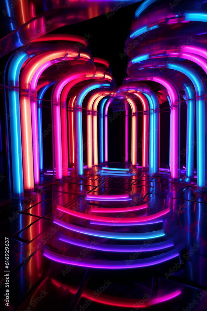 Fototapete An abstract installation using LED lights or neon tubes, creating a visually striking representation of vibrant and clear energy.  Generative AI technology.