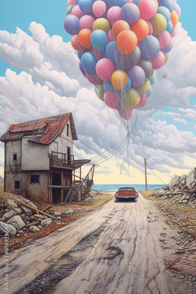 Poster a series of surreal landscape drawings exploring the juxtaposition of familiar and strange elements,