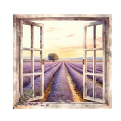 Watercolor illustration lavender field window view