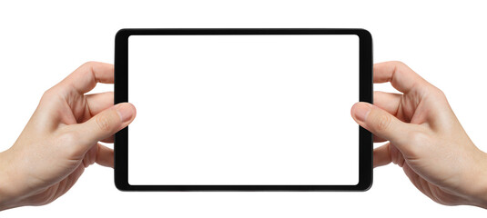 Hands holding black tablet, cut out