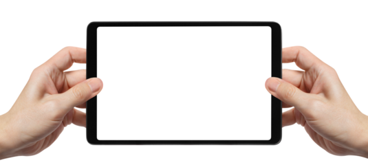 Hands holding black tablet, cut out