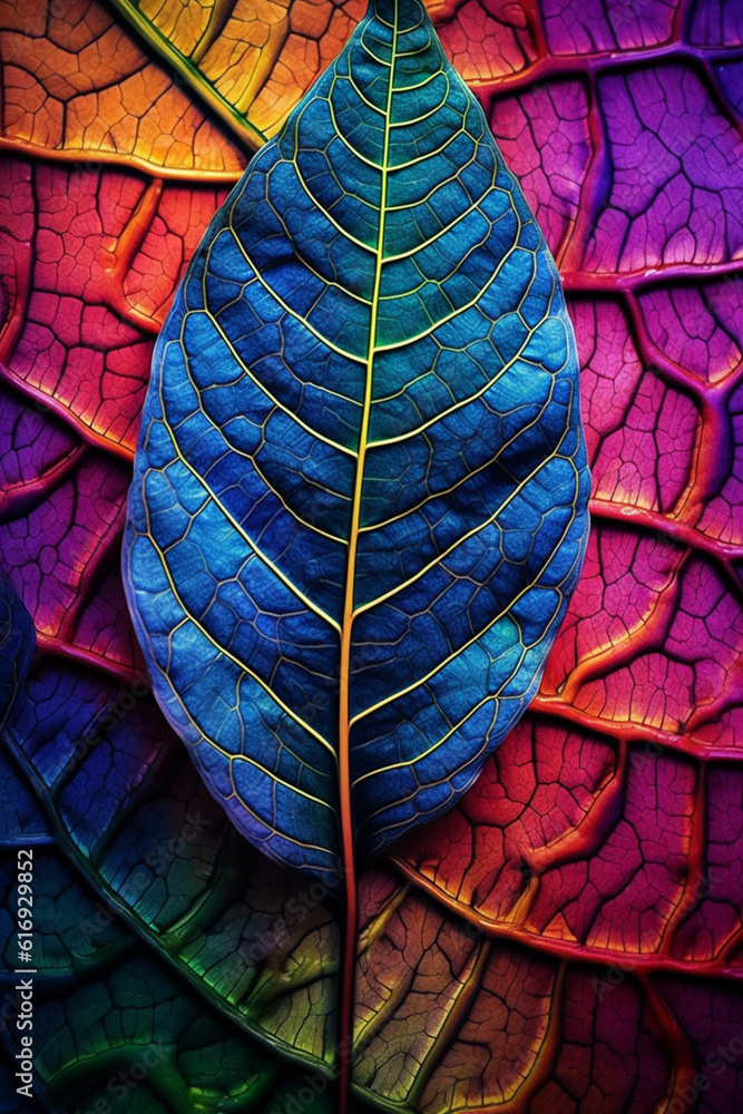 Aufkleber An abstract digital artwork depicting a vibrant and colorful leaf, with intricate patterns and textures that evoke a sense of nature and vitality.  Generative AI technology.