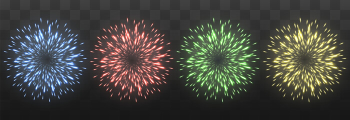 Festive fireworks with brightly shining sparks. New Year's Eve fireworks. Realistic sparks and explosions. Colorful pyrotechnics show. Vector isolated on png background.