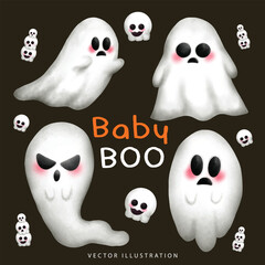 Happy Halloween with cute baby boo and skull.October night party horror