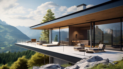 Modern exterior of a luxury villa in a minimal style. Glass house in the mountains. Magnificent mountain views from the veranda of a modern villa