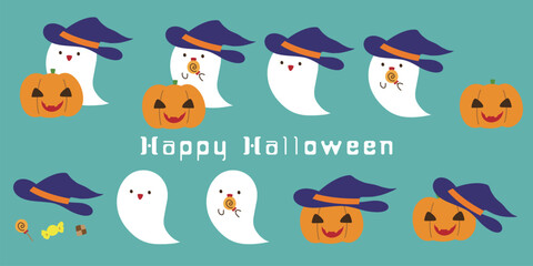 Obraz premium オバケとカボチャのハロウィン向けのイラスト素材セット