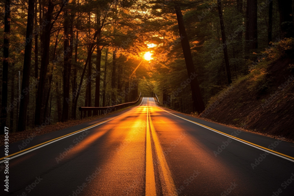 Poster a sunset photograph of a road lined with trees, with the golden light casting a warm and inviting gl