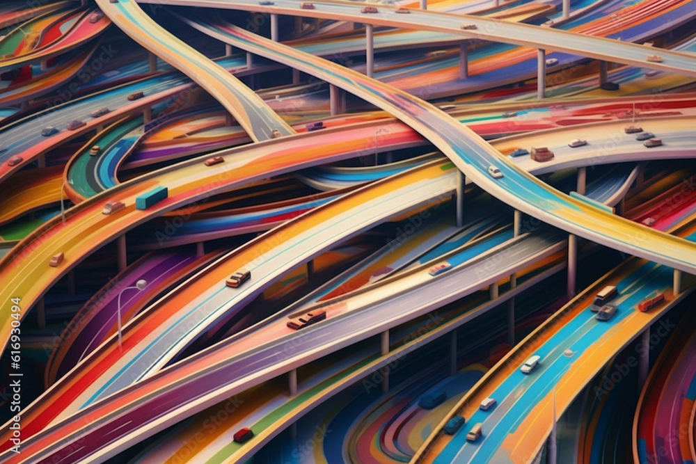 Aufkleber an abstract painting inspired by the lines and curves of a road, exploring the interplay of colors, 