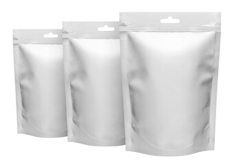 Group of three white doypacks, cut out