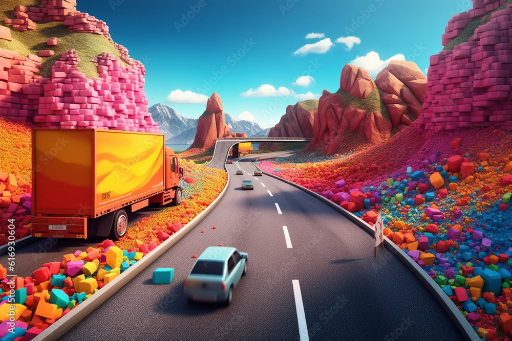 Poster A digital artwork merging real-life road elements with imaginative and surreal elements, creating a whimsical and dreamlike scene.  Generative AI technology.