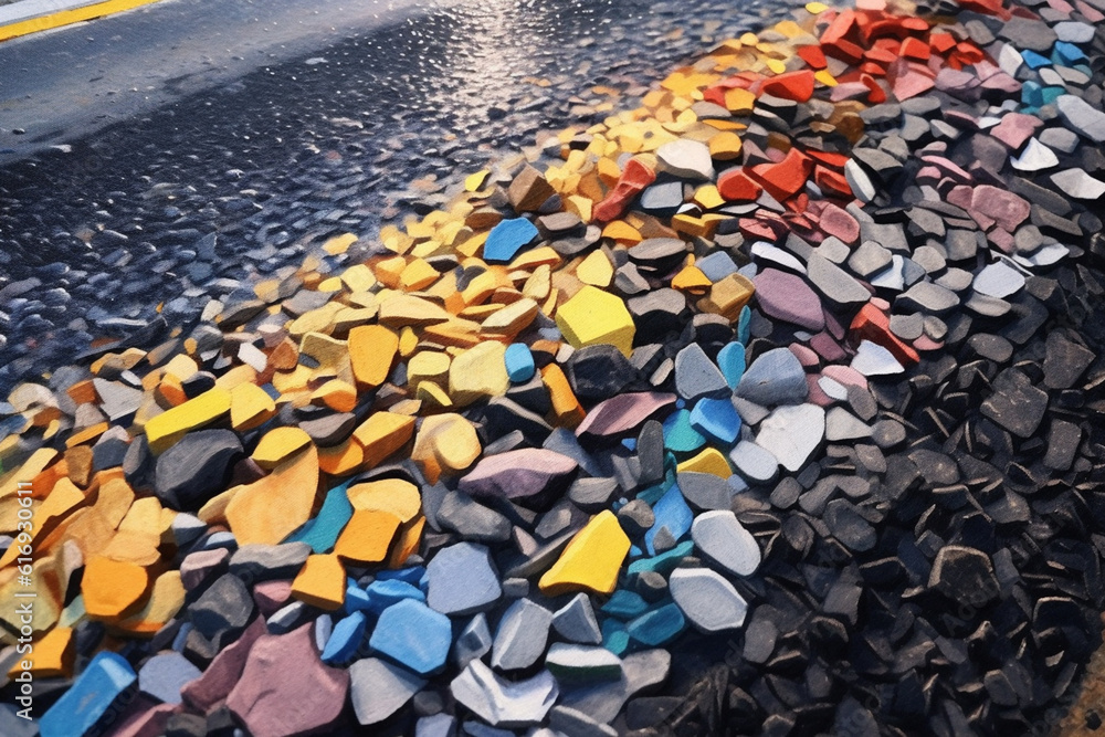 Poster an abstract mixed media artwork using materials like asphalt, gravel, and paint to recreate the text