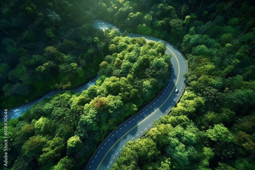 Poster a drone shot of a road winding through a dense forest, creating a captivating contrast between the m