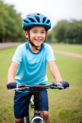 A young boy on a bicycle wearing a helmet smiling. (AI-generated fictional illustration)
