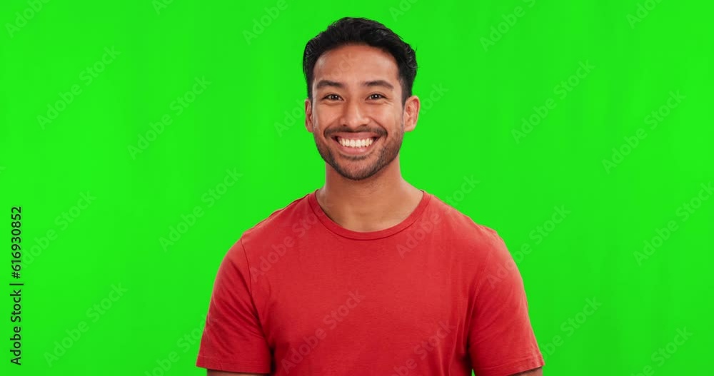 Poster Green screen, face and man thinking in studio with questions, answer or aha expression on mockup background. Why, confused and asian guy portrait with idea, plan or solution, emoji or problem solving
