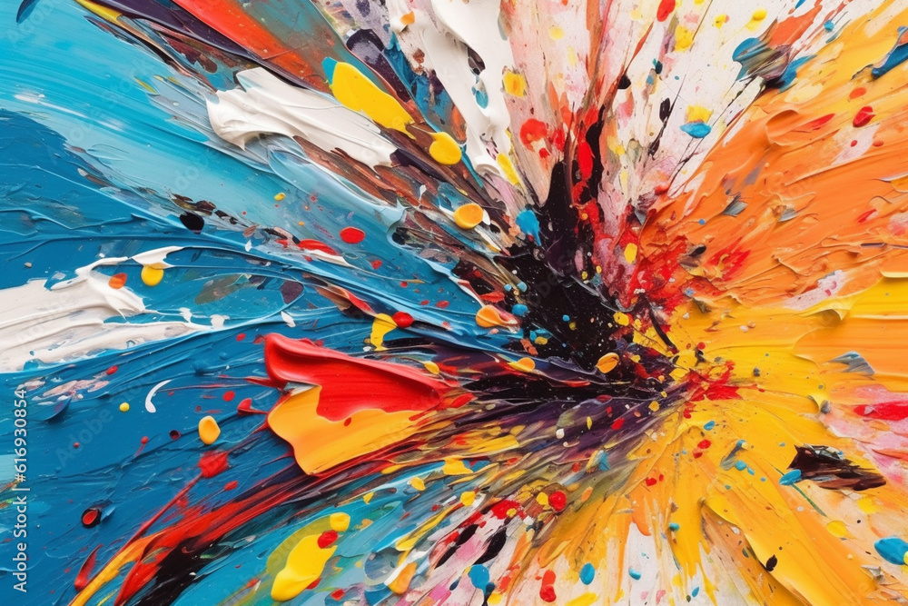 Poster a vibrant and energetic abstract painting with bold brushstrokes, expressive splatters, and a dynami