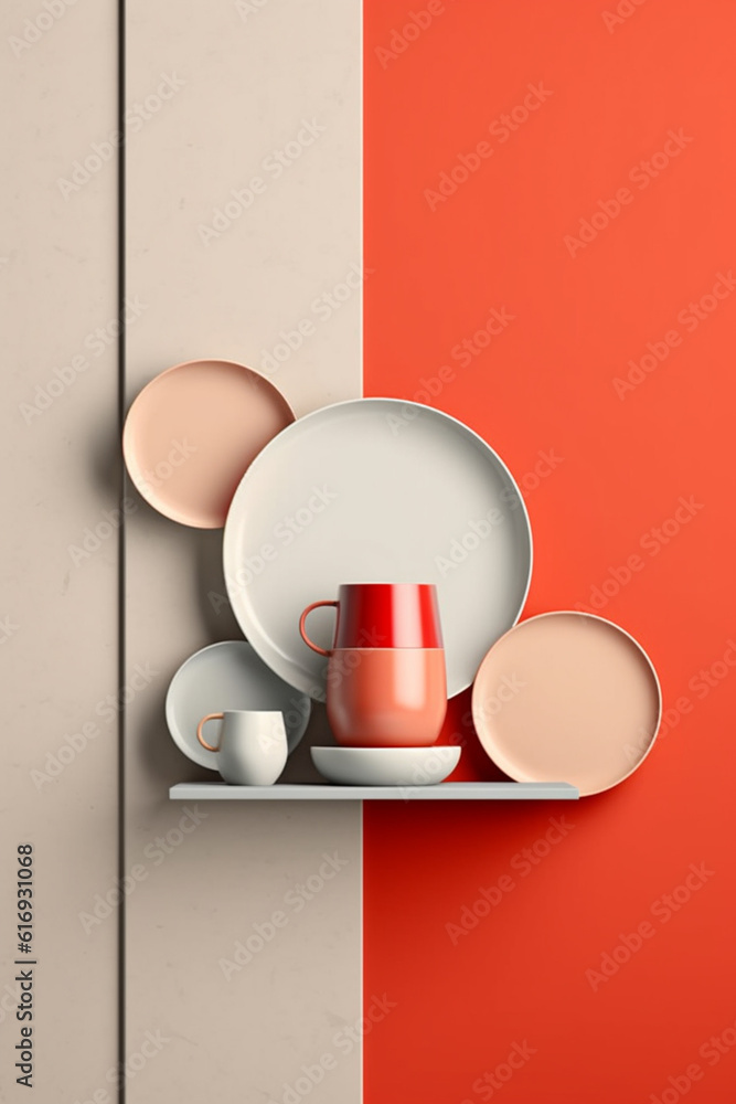 Poster A minimalistic ceramic or porcelain tableware set with clean and uncluttered forms,  Generative AI technology.