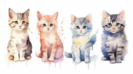 multicolored watercolor cats on a white background isolated. generative AI