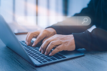 Searching Browsing Internet Data Information Networking Concept. Data Search Technology Search Engine Optimization. man's hands using a computer keyboard to Searching for information