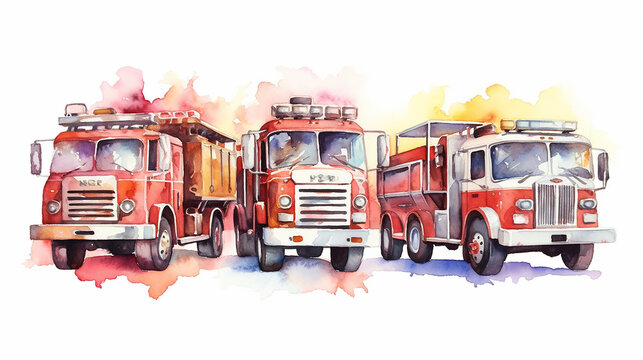 vintage fire trucks watercolor on white background. generative ai