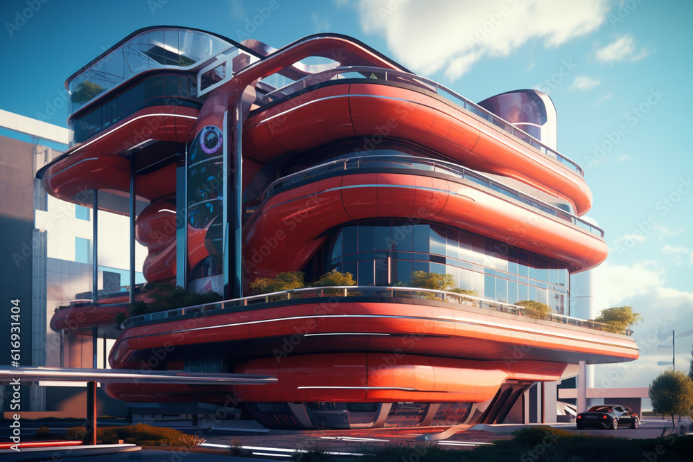 Poster A digital art architectural visualization that showcases the design and aesthetics of a futuristic building or urban environment,  Generative AI technology.