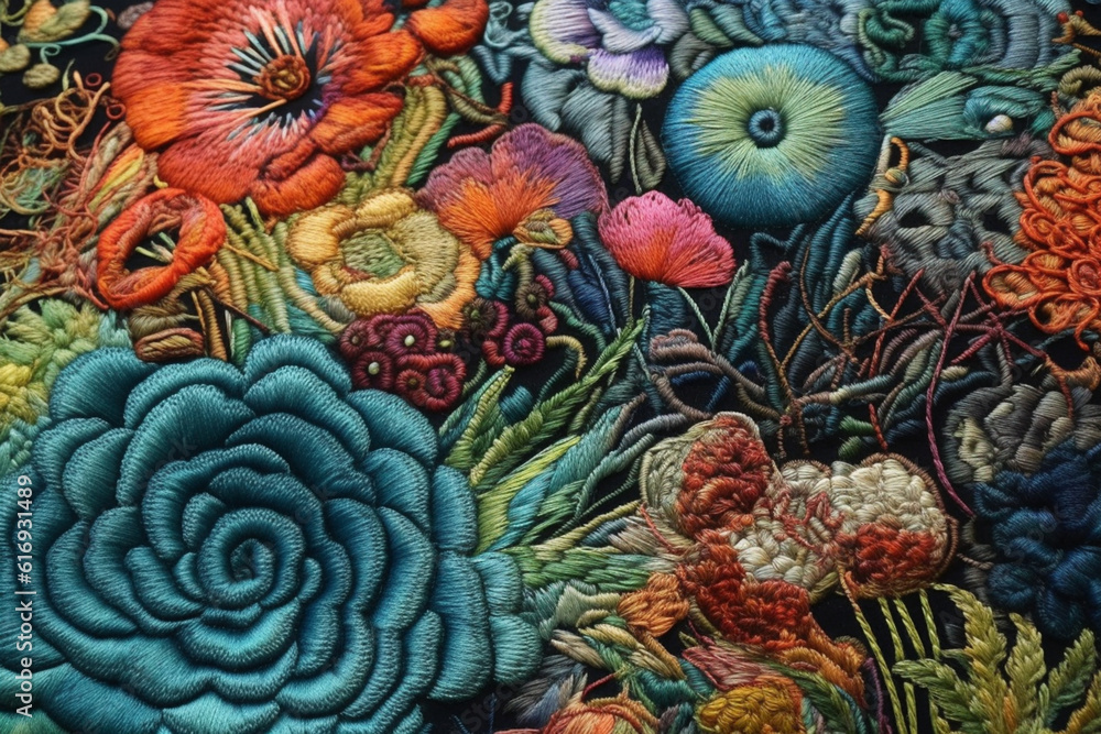 Fototapete a mixed media art textile piece that combines embroidery, fabric dyeing, and appliqué techniques to 