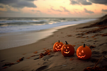 Halloween pumpkin at the beach, Generative AI - obrazy, fototapety, plakaty