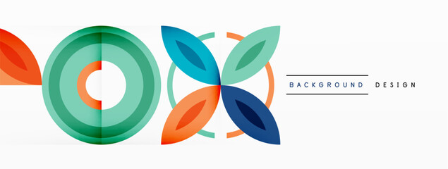 Abstract background - minimalist circles and round elements composition with varying sizes circles and other geometric shapes. The elements are arranged symmetrically in a grid-like pattern