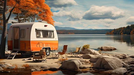 Foto op Plexiglas rv camper trailer at lake by the shore. Ai generative © ZoomTeam