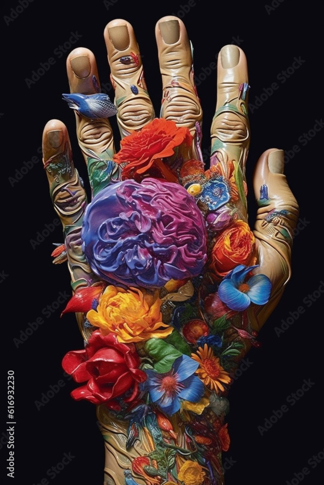 Leinwandbilder a mixed media artwork combining photographs of hands and brain imagery, creating a visually striking