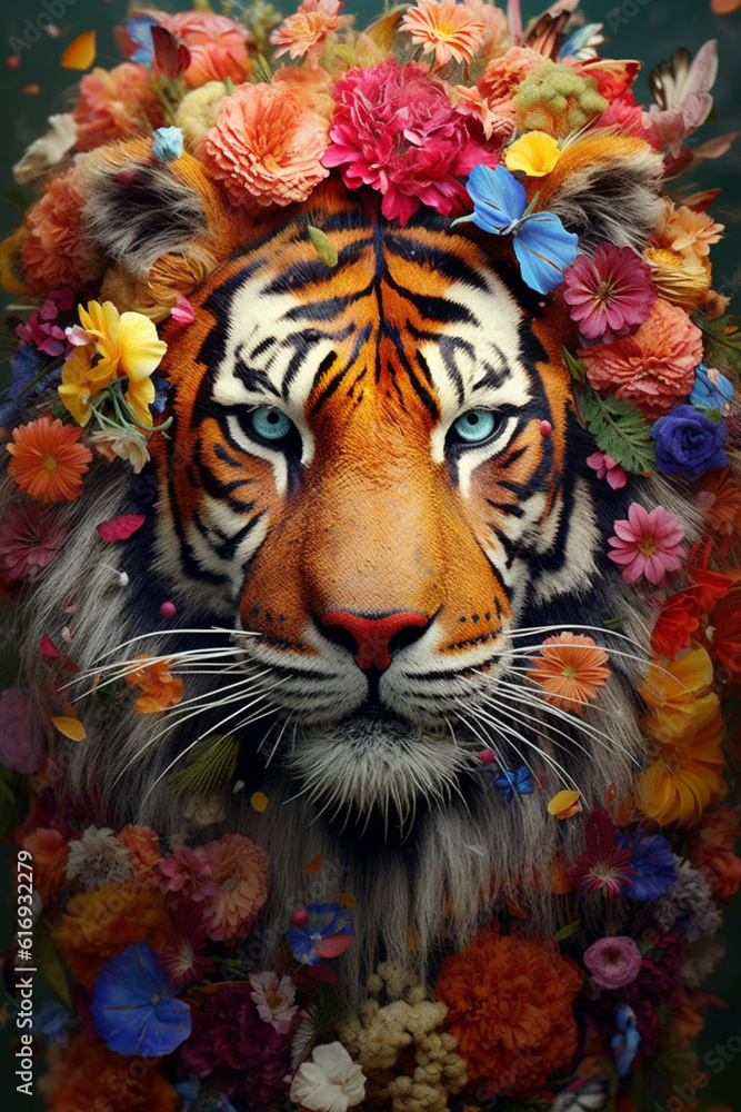 Poster A conceptual image of a Tiger made from unconventional materials, such as flowers or feathers, challenging the perception of Tigers as solely utilitarian objects.  Generative AI technology.