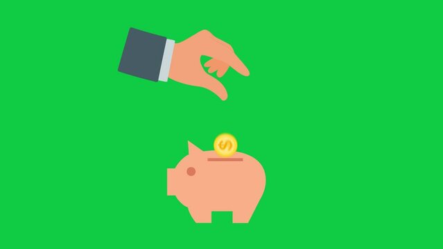 Hand holding coin insert to piggy bank. Animation of Saving money, investing, financial management, bank deposit, finance.Icon animation. Green screen Motion graphics