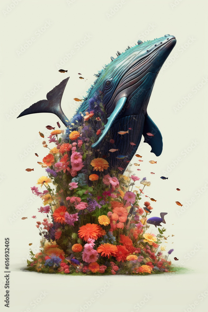 Aufkleber A conceptual image of a Whale made from unconventional materials, such as flowers or feathers, challenging the perception of Whale as solely utilitarian objects. Generative AI technology.