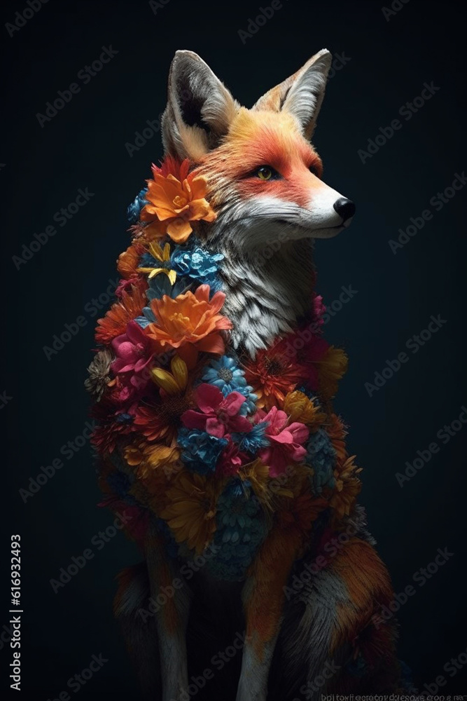 Aufkleber A conceptual image of a Fox made from unconventional materials, such as flowers or feathers, challenging the perception of Fox as solely utilitarian objects.  Generative AI technology.
