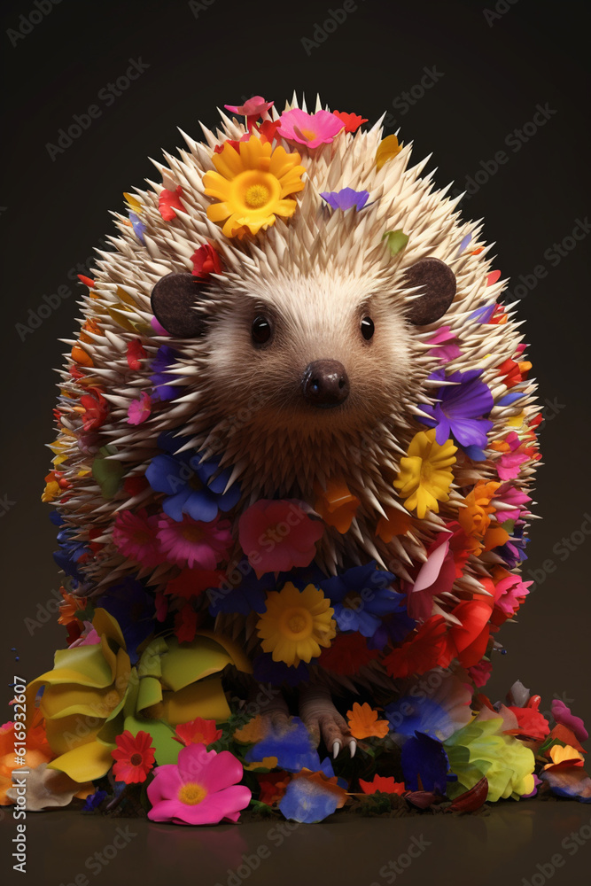 Poster A conceptual image of a Hedgehog made from unconventional materials, such as flowers or feathers, challenging the perception of Hedgehog as solely utilitarian objects.  Generative AI technology.