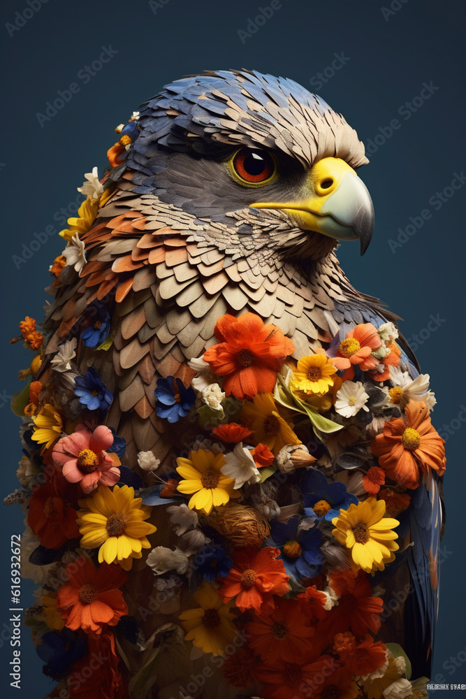 Poster A conceptual image of a Falcon made from unconventional materials, such as flowers or feathers, challenging the perception of Falcon as solely utilitarian objects.  Generative AI technology.