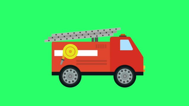 Animation red fire engine on green background.