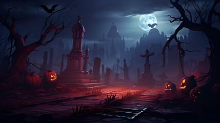 Fototapeta na wymiar Graveyard In The Spooky Night. Spooky Cemetery With Moon In Cloudy Sky. AI illustration. Halloween Backdrop.