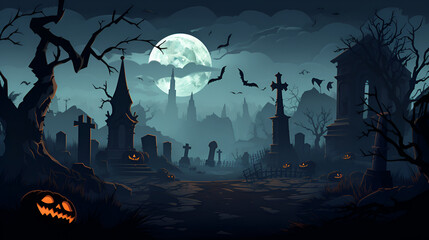 Graveyard In The Spooky Night. Spooky Cemetery With Moon In Cloudy Sky. AI illustration. Halloween Backdrop.